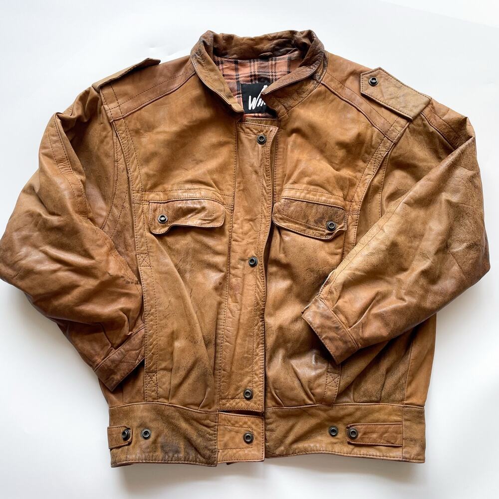 Vintage Winlit Cognac Brown Distressed Leather Bomber Jacket Size S/M